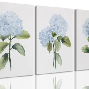 Hydrangea Floral Wall Art Prints Watercolor Blue Flower Market Posters Painting Set of 3 Modern Minimalist Botanical Canvas Picture Decor for Dining Room Bathroom Living Room Bedroom Framed