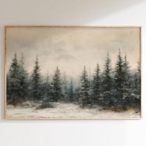 Winter Forest Canvas Wall Art Vintage Christmas Painting Evergreen Tree Artwork Winter Landscape Art Prints Snowy Forest Canvas Art Watercolor Pine Tree Wall Art Winter Tree Pictures 16x24in No Frame