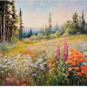 Floral Landscape Poster Retro Rustic Nature Wildflower Wall Art Vintage Botanical Flowers Canvas Prints French Sunset Oil Painting Wall Decor for Country Farmhouse 12x16 inch Unframed
