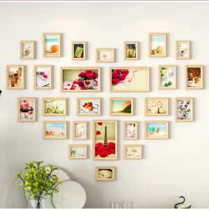 Collage Picture Frame, Heart-Shaped Design Wooden Wall Hanging Photo Frames Set, Picture Frames Combination for Gallery Dining Room Bedroom and Living Room(Size:27,Color:Wood Color)