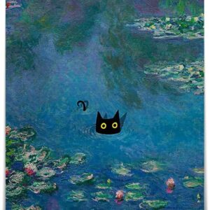 Vintage Monet Canvas Wall Art Famous Oil Paintings Monets Water Lillies Black Cat Poster Funny Cat Floral Print Abstract Farmhouse Gallery Aesthetic Room Decor for Bedroom Bathroom 12x16in Unframed
