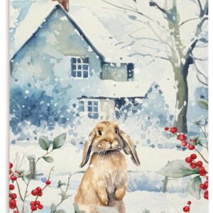 Winter Christmas Poster Hanger Frame, Watercolor Bunny Wood Wooden Canvas Print, Christmas Snowy Red Berry Branches Rabbit Animals Themed Wall Decor Painting for Home Farmhouse Room Decor 12X16