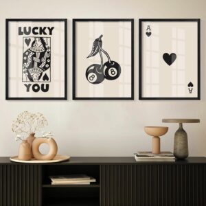Framed Set of 3 Poker Wall Art  Poster, Trendy Retro Print Wall Decor for Queen of Hearts Wall Art Rustic Vintage Farmhouse Home Wall Decor（Black 12"x16"）