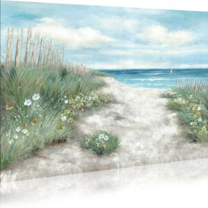 Abstract Beach Coastal Painting Canvas: Flower & Straw with Blue Sky Wall Art Seascape Artwork Picture for Living Room (36” x 24'' x 1 Panel)